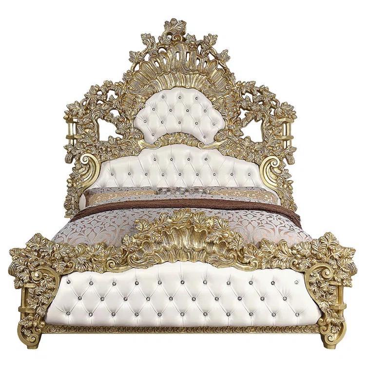 Benjara Rexx King Bed, White Faux Leather Victorian Carved, Classic Gold Wood