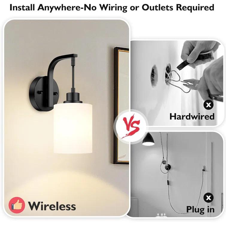 Latitude Run® Battery Operated Wall Sconce Set Of 2, Wireless Rechargeable Wall Lights, Glass Wall Lamps With Remotes And Dimmable RGB LED Bulbs, No Wiring Indoor Sconces Wall Decor For Bedroom Living Room Hallway