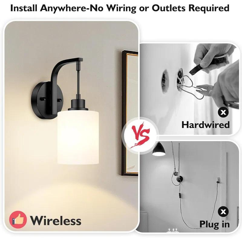 Latitude Run® Battery Operated Wall Sconce Set Of 2, Wireless Rechargeable Wall Lights, Glass Wall Lamps With Remotes And Dimmable RGB LED Bulbs, No Wiring Indoor Sconces Wall Decor For Bedroom Living Room Hallway