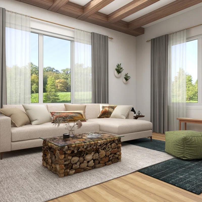 Millwood Pines Brown Wood Handmade Stacked Collage Coffee Table with Clear Glass Top