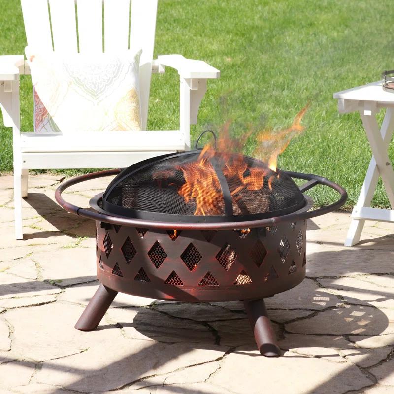 Alcott Hill® Mast Round Wood-Burning Bronze Finish Crossweave Fire Pit with Screen and Poker