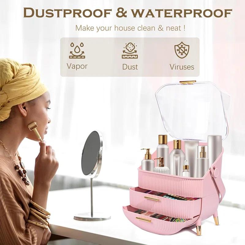 Rebrilliant Makeup Organizers And Storage, Make Up Organizer For Vanity Cosmetics Skincare Organizers With Lid And Drawers Display Cases For Countertop(Pink)