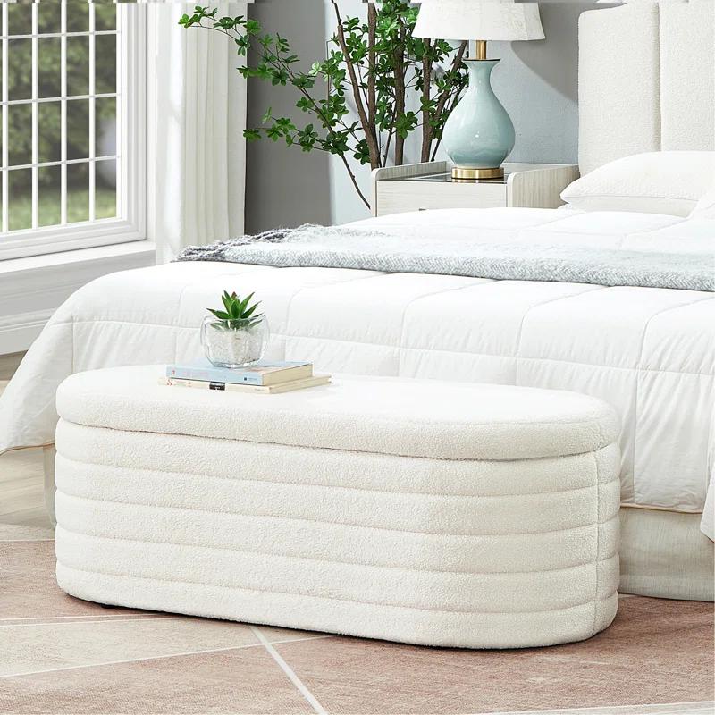 Modern Oval Storage Ottoman Bench, Upholstered Boucle Teddy Fabric End Of Bed Bench With Storage, End Of Bed Stool With Safety Hinge For Bedroom, Living Room, Entryway