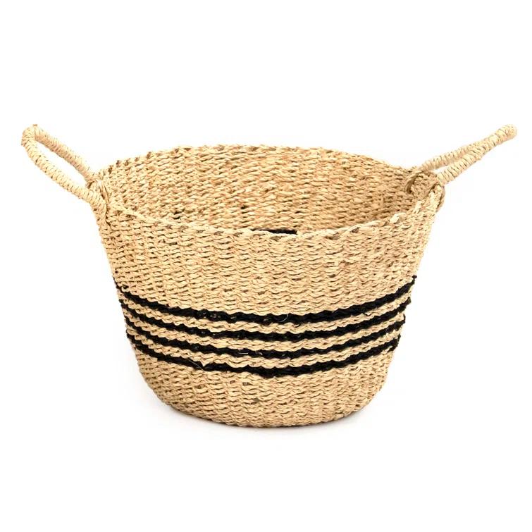 Zentique  Hand Woven Seagrass & Palm Leaf Basket with Dark Stripes & Handles - Large
