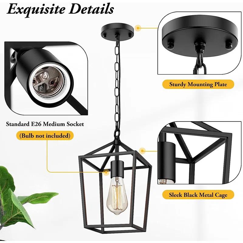 17 Stories Farmhouse Black Pendant Light for Kitchen Island Industrial Hanging Lantern Fixture