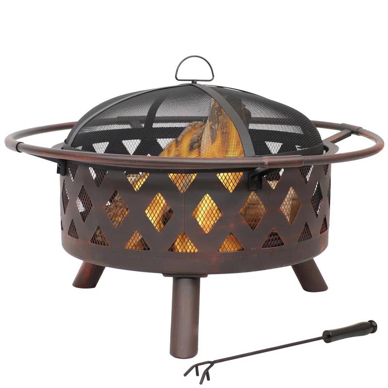Alcott Hill® Mast Round Wood-Burning Bronze Finish Crossweave Fire Pit with Screen and Poker