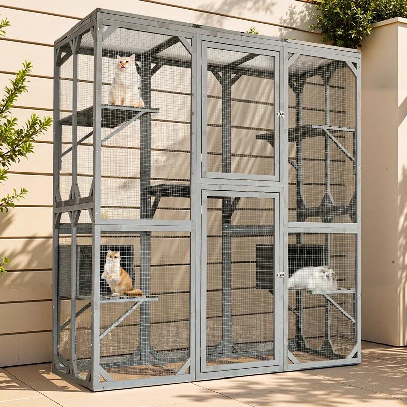 Gracie Oaks Outdoor Cat Enclosure with Roof 72" Height Cat Wooden House Large Cat Catio