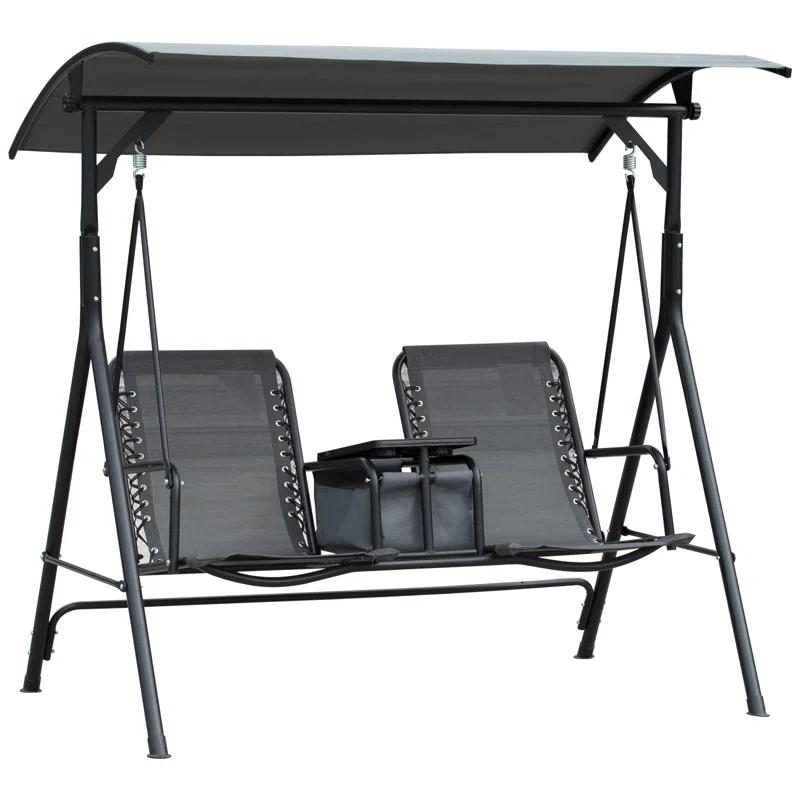Arlmont & Co. Atay 2 Person Covered Porch Swing with Pivot Storage Table, Cup Holder, & Adjustable Overhead Canopy