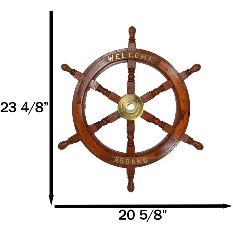 Breakwater Bay Nautical Marine Vintage Wood Brass Ship Steering Helm Boat Wheel Wall Decor 23"D