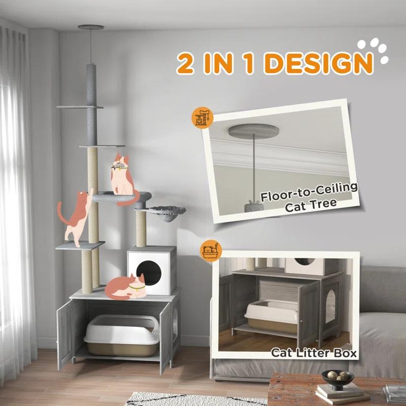 Tucker Murphy Pet™ Cat Tree With Litter Box Enclosure, 2 In 1 Floor To Ceiling Cat Tower Litter Box Furniture With Condo, Bed, Hammock, Scratching Posts, And Platforms For Indoor Use