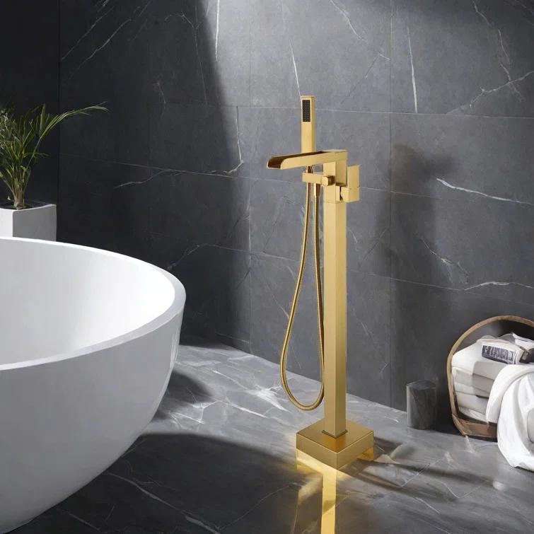 AlenArtWater Waterfall Tub Filler Freestanding Bathtub Faucet Floor Mount Brass Single Handle Bathroom Faucets with Hand Shower 93-LJQKCZ