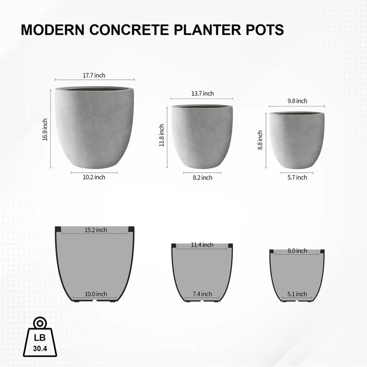 Kante Kante 3 Piece 18", 14", and 10"W Round Planters, Outdoor Indoor Modern Planter Pots, Lightweight, Weather Resistant, Seamless with Drainage Hole Set