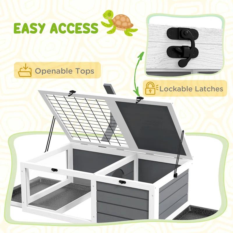 Tucker Murphy Pet™ Tortoise Habitat, Wooden Tortoise House, Indoor Outdoor Tortoise Enclosure With Lamp Holder, Pull-Out Waterproof Trays, Openable Lids, Gray