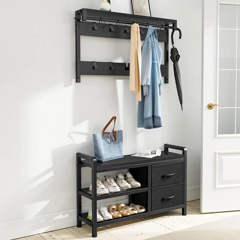 Hall Tree, 31” Entryway Bench with Coat Rack freestanding, 5 in 1 Intelligent Design Shoe Bench