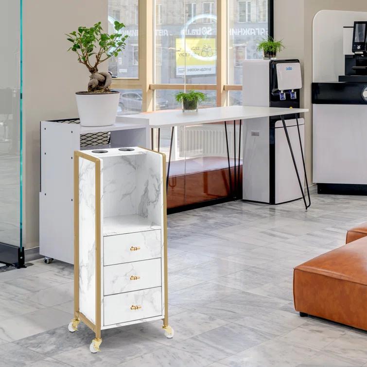 BarberPub Salon Utility Cart with Hair Dryer Holders and 3 Drawers, Lockable Wheels