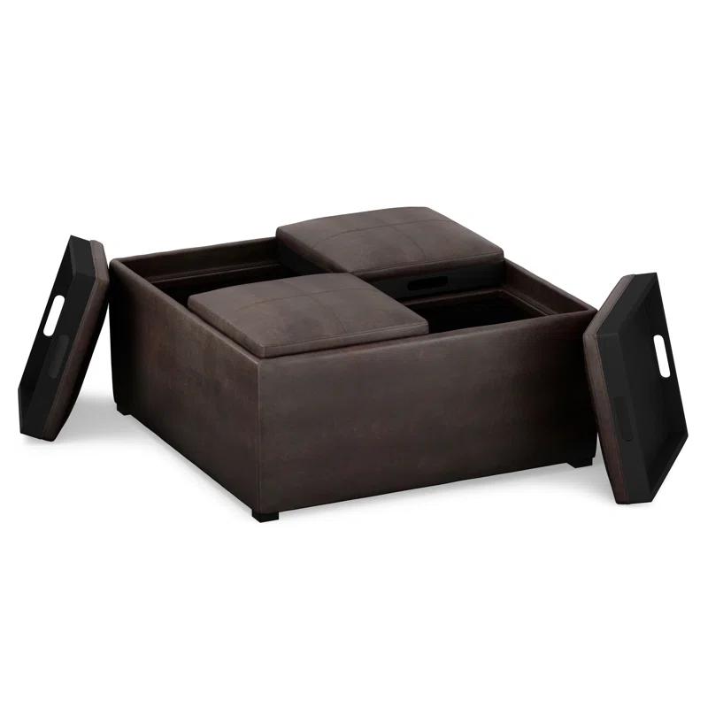 Simpli Home Avalon 35"W Upholstered Square Coffee Table Storage Ottoman with Flip-Over Trays