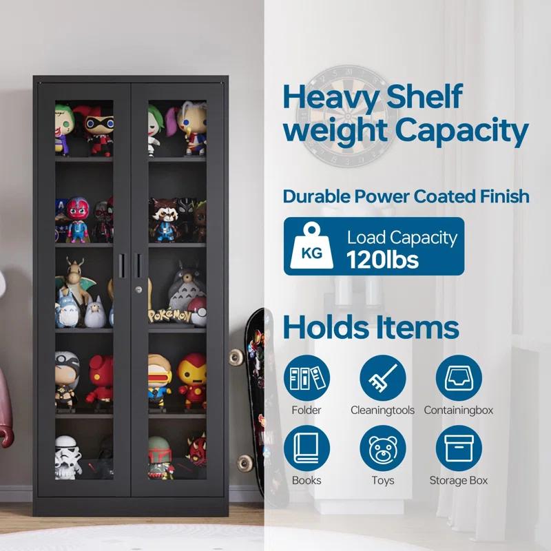 Display Cabinet With Glass Doors, Curio Cabinets With 4 Adjustable Shelves, Locking Glass Cabinet Display Case For Home, Office, Clinic, Pantry, Assemble Required