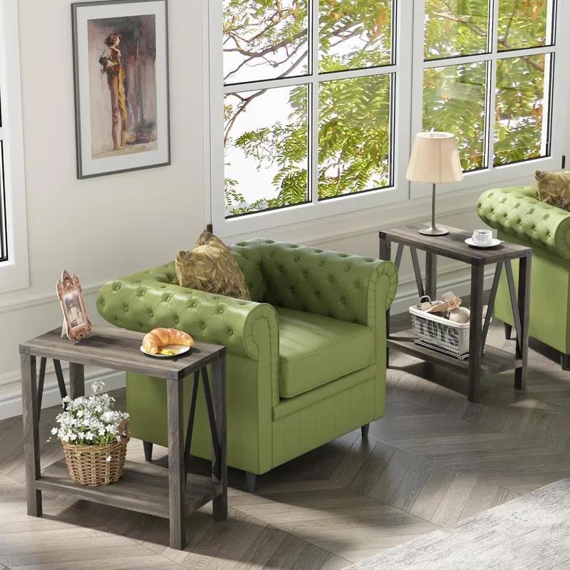 Farmhouse End Table For Small Spaces, Narrow Side End Table With Storage Shelf, Rustic A-Design Nightstand Sofa Table For Living Room, Bedroom 2 Pack