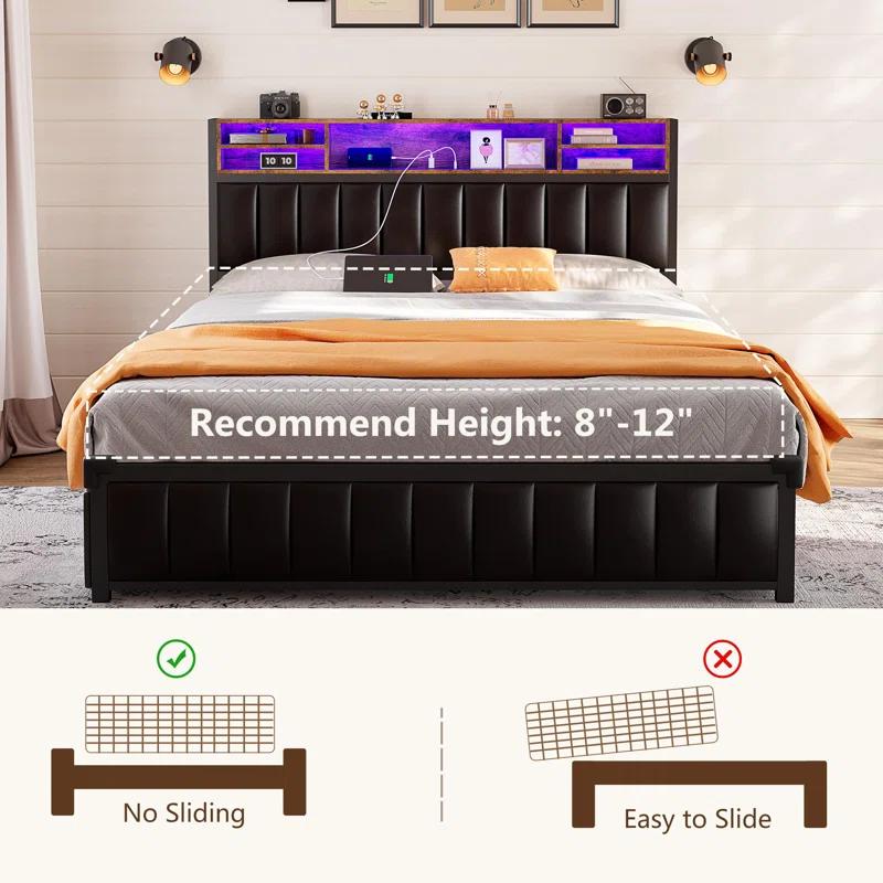Ivy Bronx Kanchi Upholstered Metal Platform LED Bed Frame with 4 Storage Drawers and Bookcase Headboard, Black
