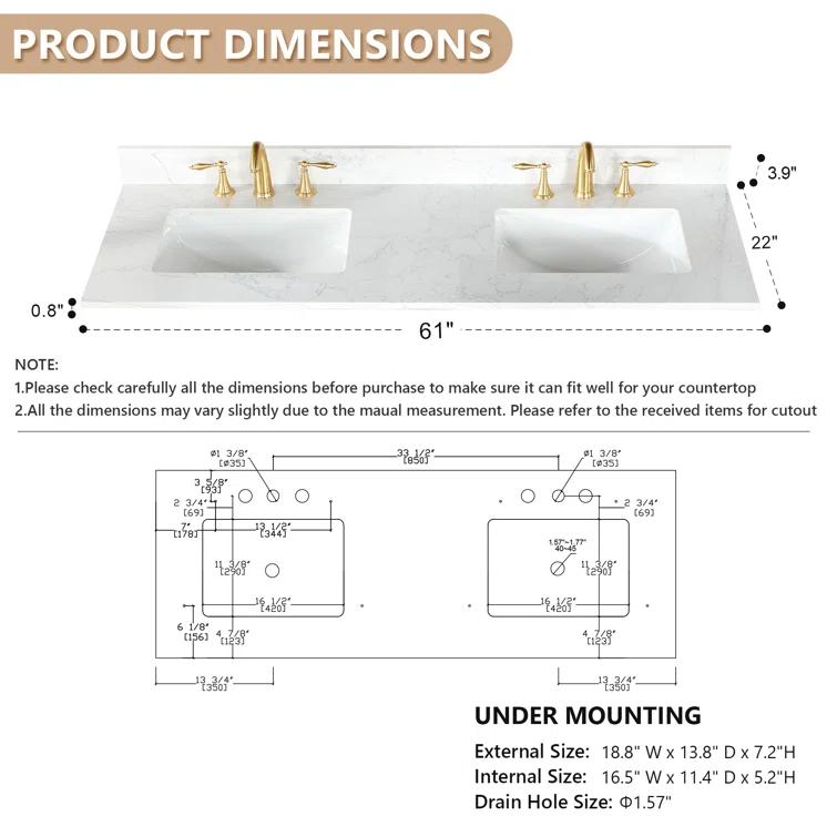 Altair Ceres 61" Engineered Stone Double Bathroom Vanity Top with Sink