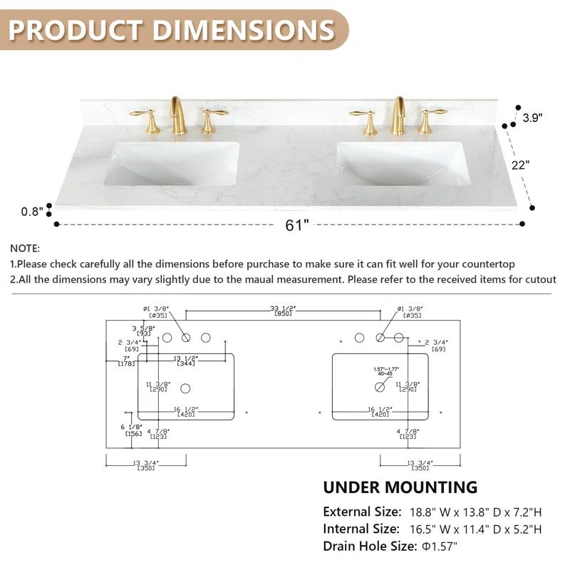Ceres 61" Engineered Stone Double Bathroom Vanity Top with Sink