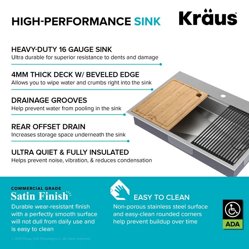 Kraus KWT310-33/5.5 Kore™ ADA Workstation 33" L Drop-In Top Mount 16 Gauge Stainless Steel Single Bowl Kitchen Sink with Accessories