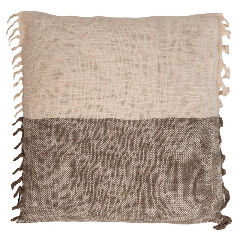 Beige and Grey Cotton Fringed Square Throw Pillow