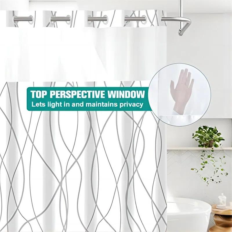 Ivy Bronx No Hook Grey White Striped Shower Curtain With Snap In Fabric Liner Set - Hotel Liner Set With See Through Mesh Top Window,Machine Washable, 71X74 INCH