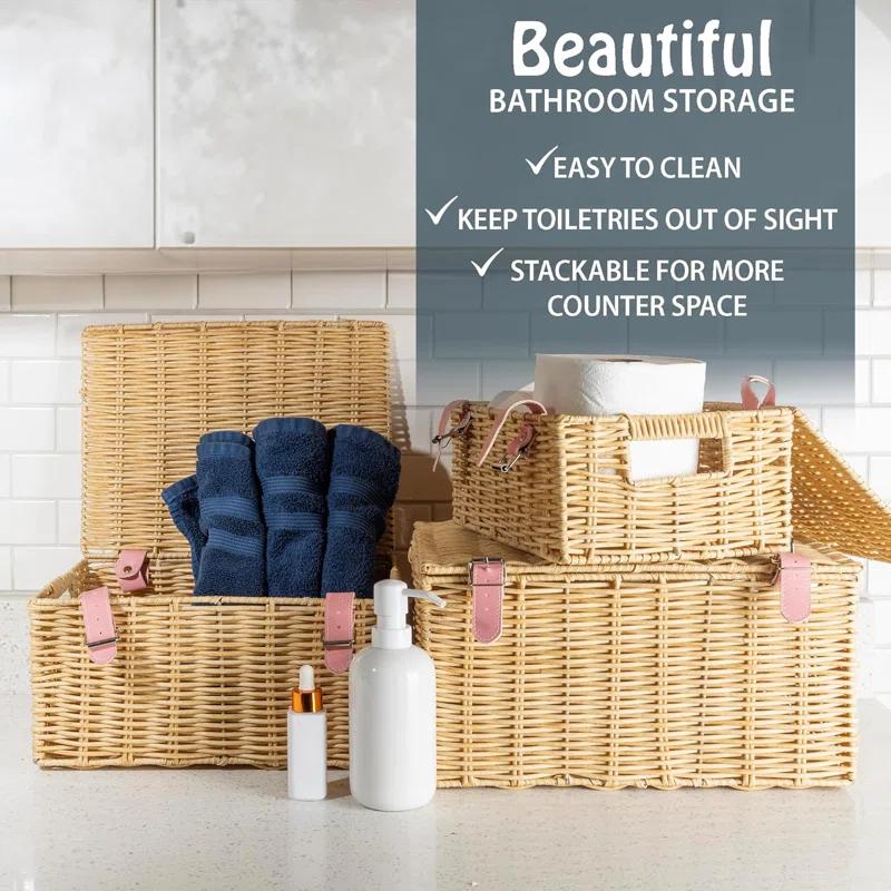 Bayou Breeze Wicker Baskets For Storage , Stackable Wicker Basket With Lid Set Of 3 – Wicker Baskets For Organizing Clothes, Toys, Books, Woven Storage Baskets For Nursery, Bedroom, Bathroom Decor