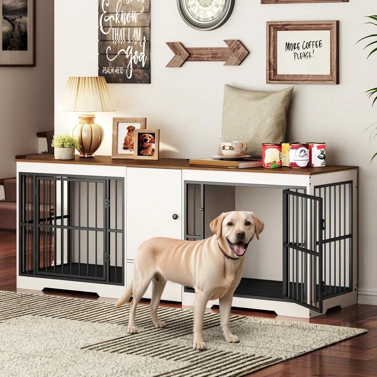 Tucker Murphy Pet™ 72.8 Inch Dog Crate Furniture For 2 Dogs, Farmhouse Double Dog Cage Furniture With Storage Cabinet And Drawer, Wooden Dog Kennel Tv Stand With Power Outlet