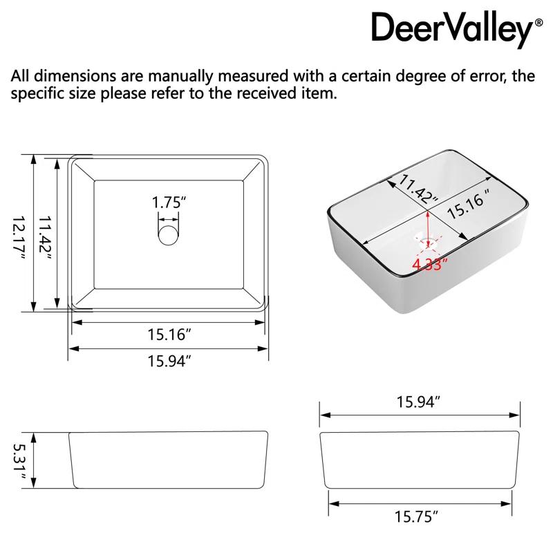 DeerValley DV-1V0317 Deervalley Liberty 16'' X 12'' Rectangular Vitreous China Vessel Bathroom Sink, White With Black Striped Edge