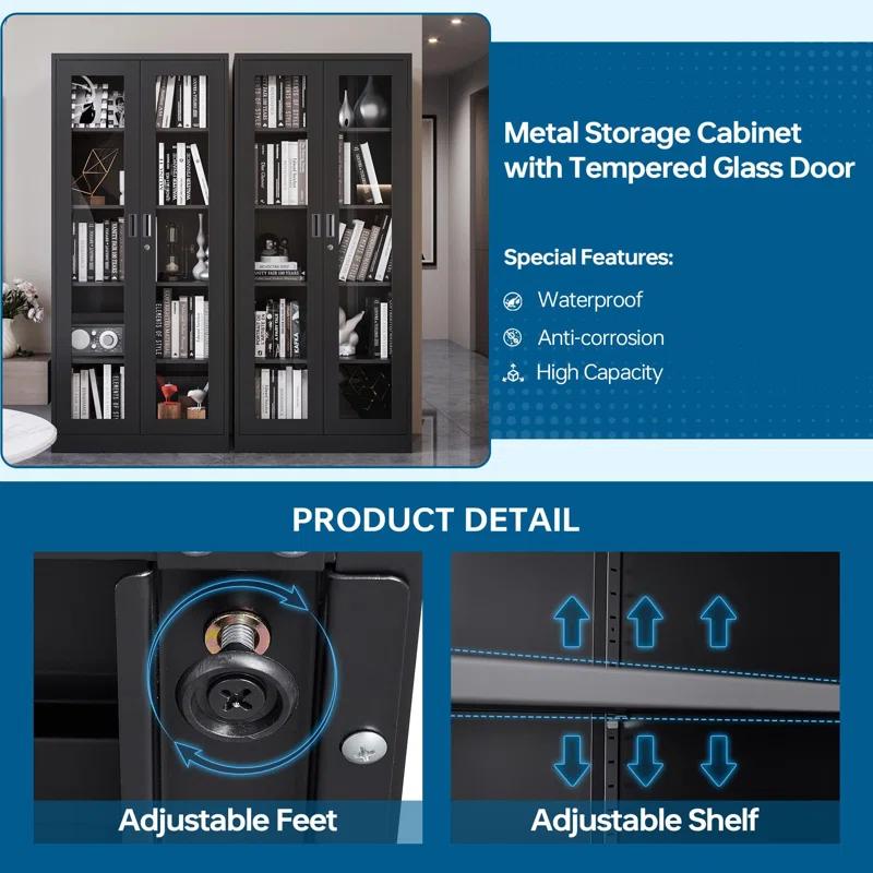 Display Cabinet With Glass Doors, Curio Cabinets With 4 Adjustable Shelves, Locking Glass Cabinet Display Case For Home, Office, Clinic, Pantry, Assemble Required
