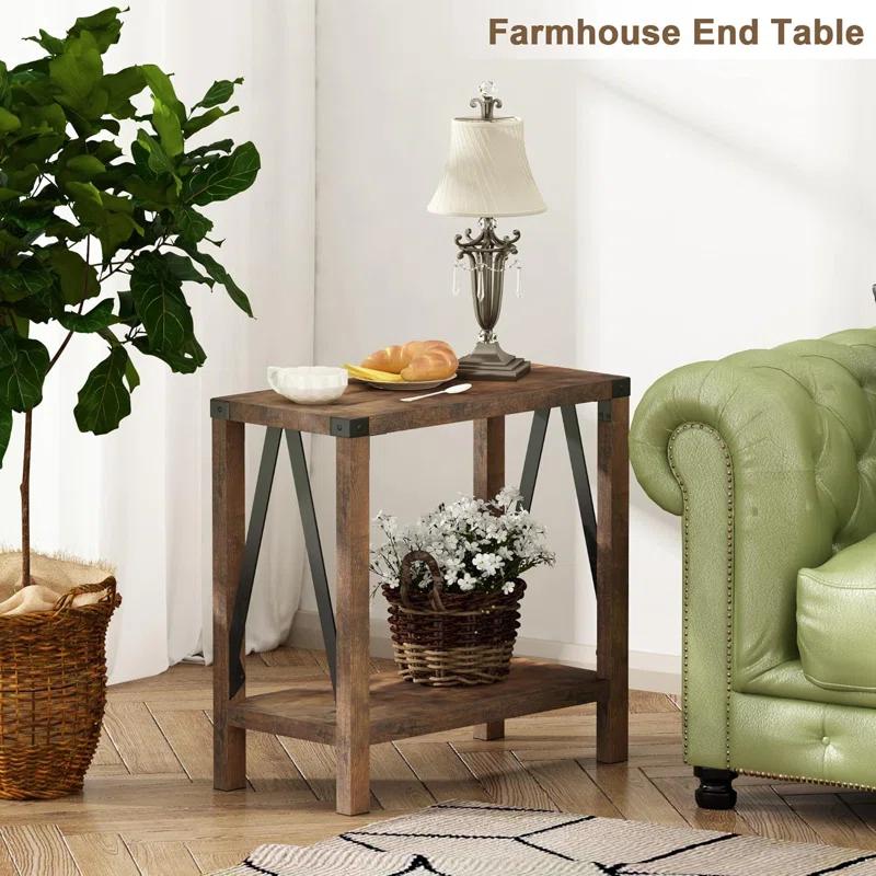 Gracie Oaks Farmhouse End Table For Small Spaces, Narrow Side End Table With Storage Shelf, Rustic A-Design Nightstand Sofa Table For Living Room, Bedroom 2 Pack