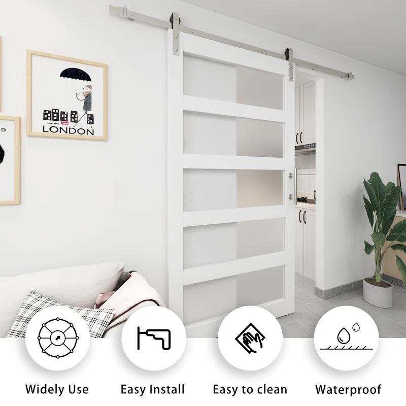 JUBEST Tempered Frosted Glass Barn Door with Installation Hardware Kit and Handle, Wood Sliding Barn Door