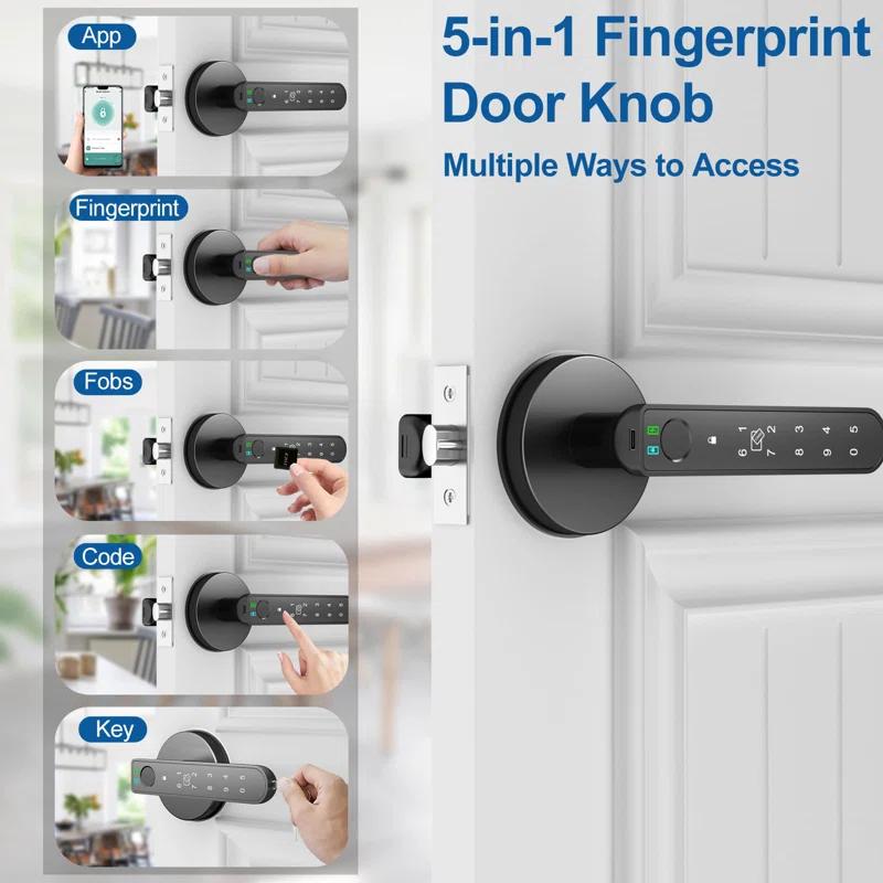 Smart Fingerprint Door Lock: Fingerprint Door Handle-Biometric 5 In 1 Fingerprint Door Lock-Bedroom Smart Door Handle-APP Control-Easy To Install-Round Black-1 Pack
