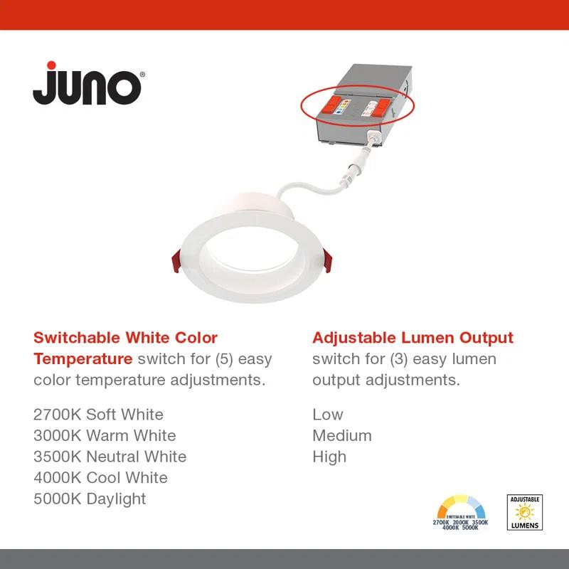 Juno WF6 DREG SM ALO20 SWW5 90CRI MW M6 6'' Selectable Color Temperature Dimmable Air-Tight IC Rated LED Canless Recessed Lighting Kit