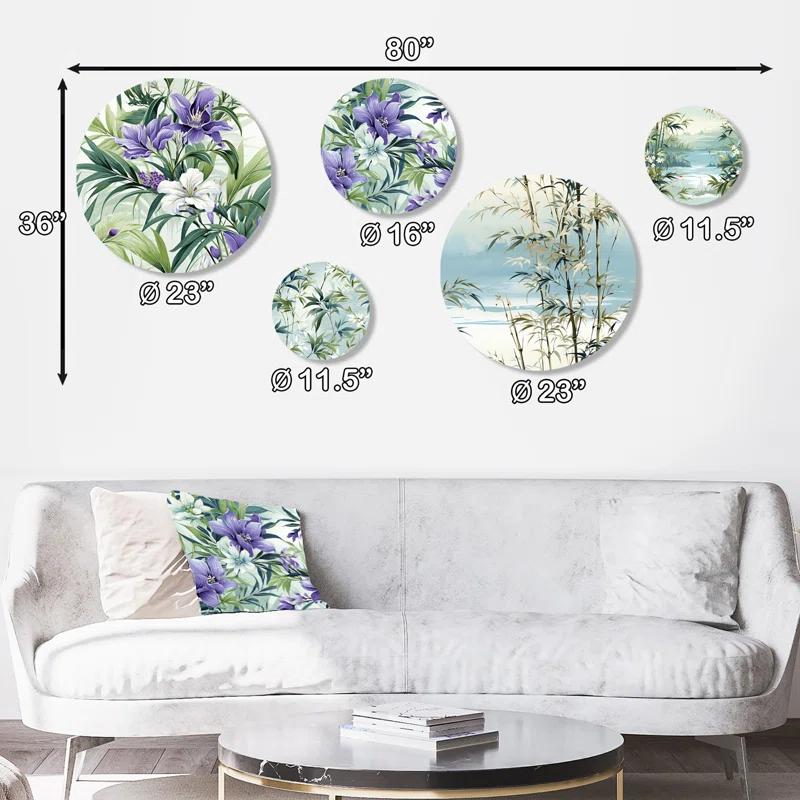 Design Art Green Purple Bamboo Serenade Tropical Pattern I - Floral Tropical Round Wall Art Set Of 5