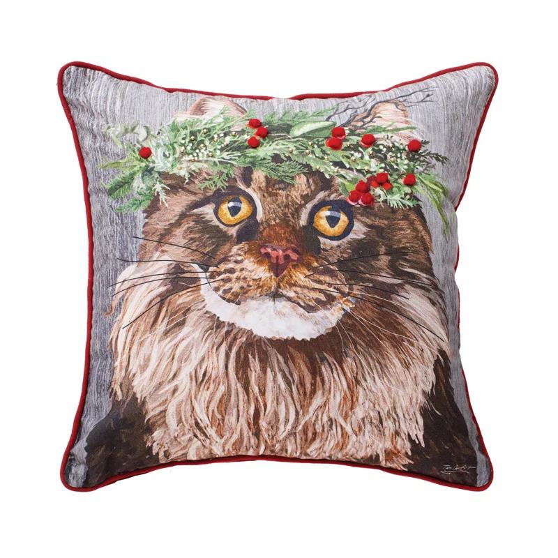 Cat Wearing Holly Berry Throw Pillow