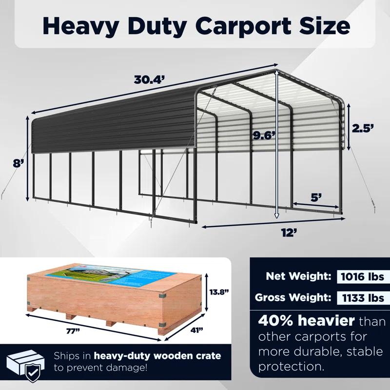 ALEKO 30L x 12W x 9.6H ft. Metal Carport with Corrugated Roof - Black