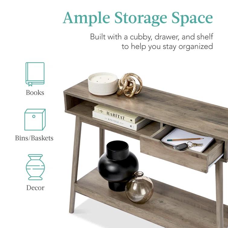 George Oliver Khassidy Mid-Century Modern Hallway Console Table, Space-Saving Sofa Table w/ Cubby, Drawer