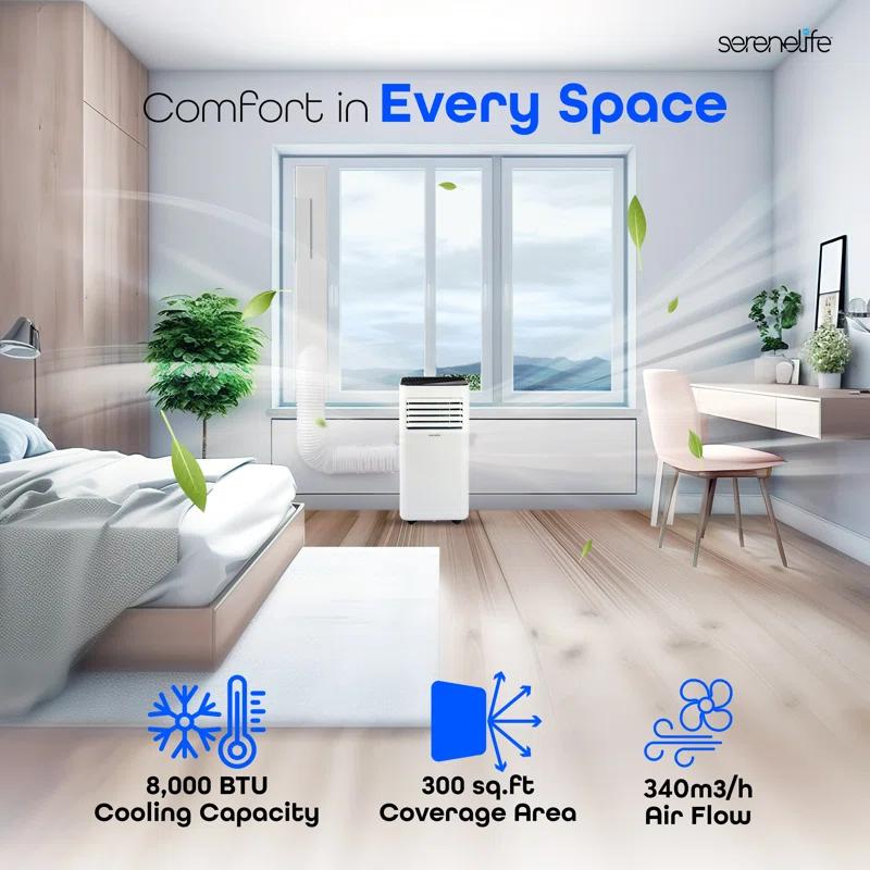 SereneLife Serenelife 8000 BTU Portable Air Conditioner - 3-In-1 Compact Standing Air Conditioner For Room Up To 300 Sq. Ft. - Floor AC Unit With Remote Control - Universal Casters, Window Mount Kit