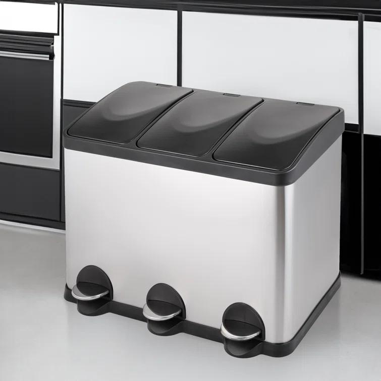 MoNiBloom 12 Gallon Trash Can with 3 Compartments, Step On Garbage Can with Soft-Close Lids and Inner Buckets