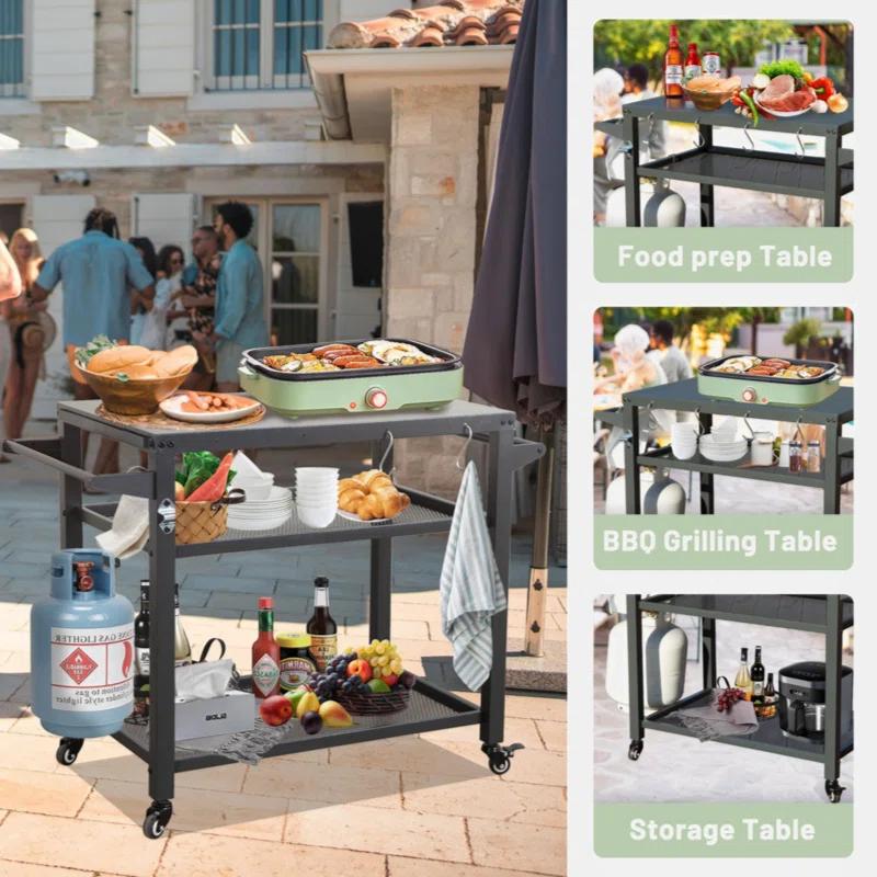 Go Peak Track 3-Shelf Outdoor Grill Table, Grill Cart Outdoor With Wheels, Pizza Oven And Food Prep Table, Blackstone Table With Stainless Steel Tabletop, Grill Stand For Blackstone Griddle For Outside BBQ
