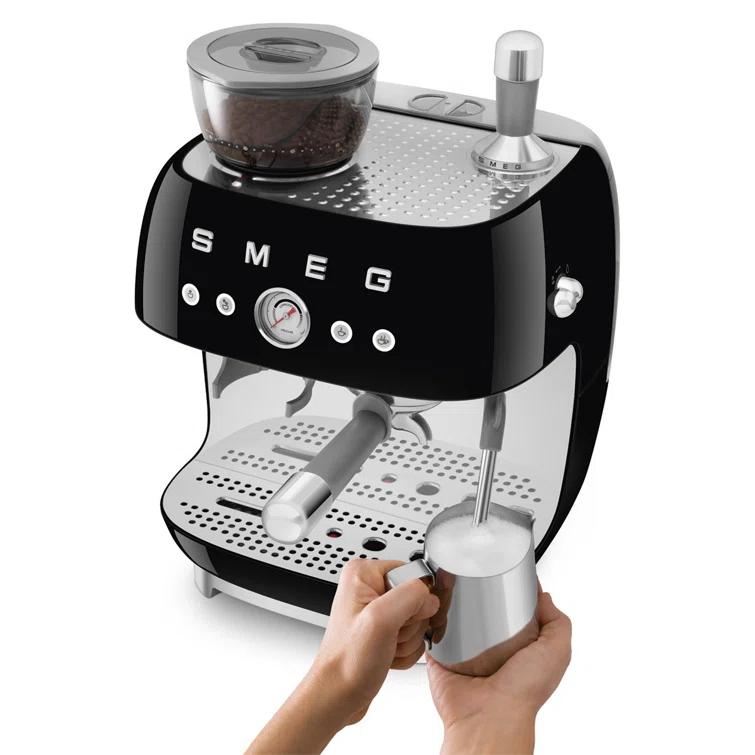 SMEG Black Semi-Automatic Coffee and Espresso Machine with Milk Frother