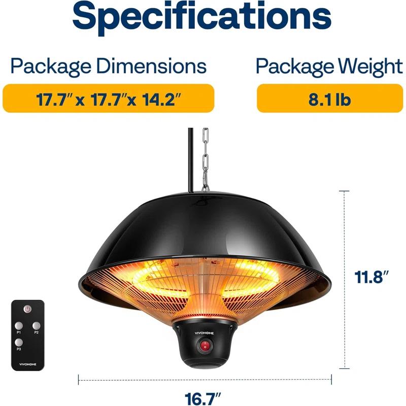 VIVOHOME 1,500-Watt Outdoor Ceiling Mount Hanging Patio Heater with 3 Heat Settings