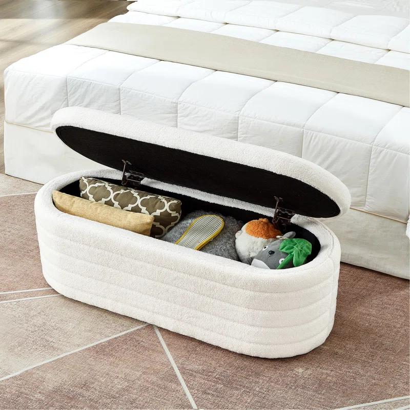 Modern Oval Storage Ottoman Bench, Upholstered Boucle Teddy Fabric End Of Bed Bench With Storage, End Of Bed Stool With Safety Hinge For Bedroom, Living Room, Entryway