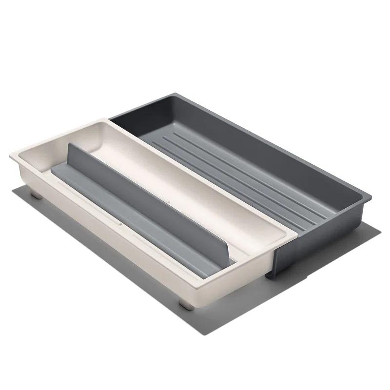 Rebrilliant Expandable White Plastic Long Tool Drawer Organizer, Adjustable Dividers, Non-Slip Feet, Ideal For Kitchen Utensils, 16.35 X 12.83 X 2.49 Inches