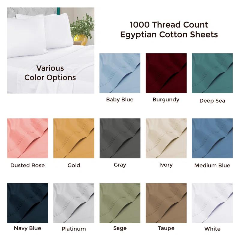 Superior Luxury 1000 Thread Count Certified Egyptian Cotton Solid Extra Deep Pocket 4 Piece Bed Sheet Set