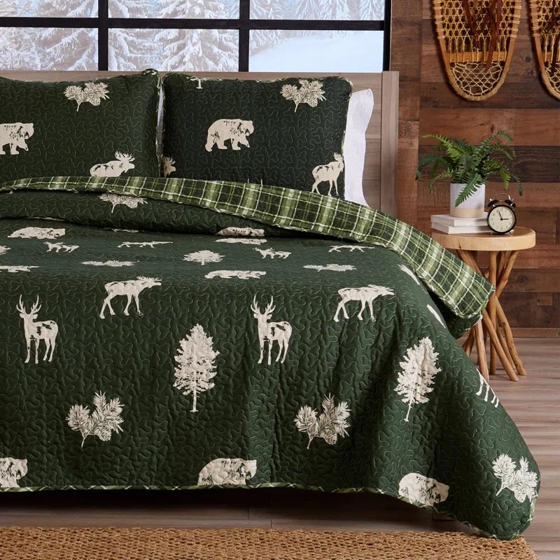 FreshFolds Forest Green Nature Quilt Set Reversible Plaid Quilt Set with Shams