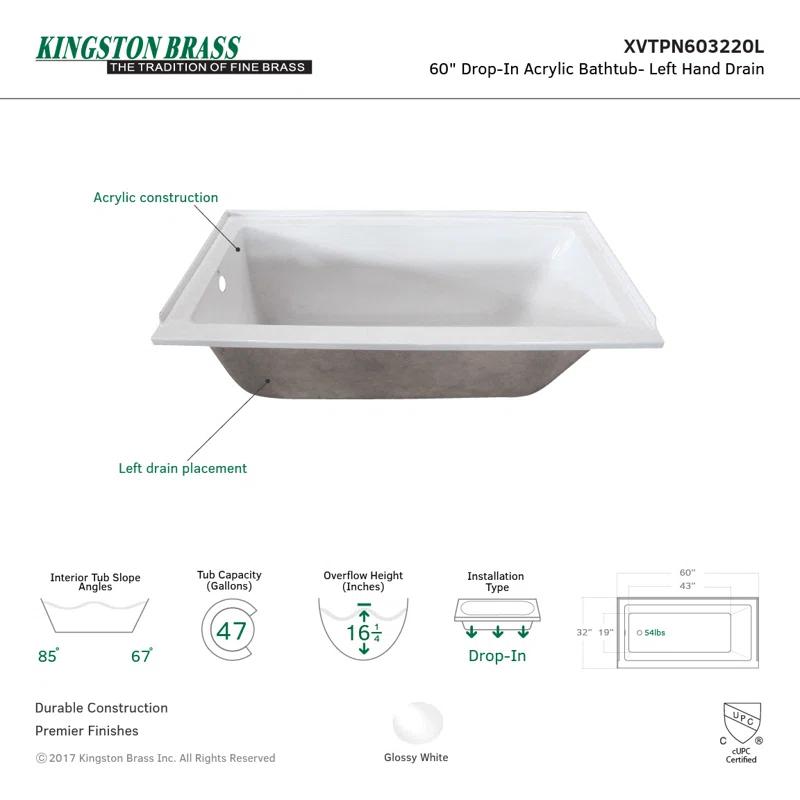 Kingston Brass Aqua Eden 60-Inch Acrylic Rectangular Drop-In Tub